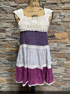 Colorblock Flowy Crochet Lace Mini Dress Boho Coastal Pink Purple Gray Medium